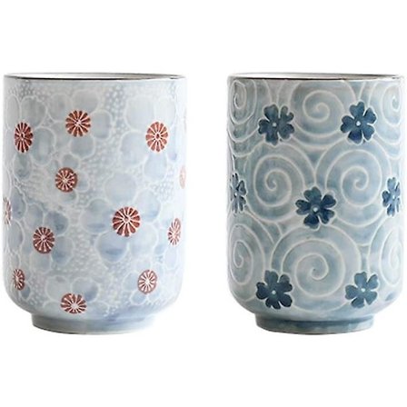 Japanska tekoppar i keramik, mugg, japansk traditionell blomdesign, vackert set med 2 tekoppar, 10oz