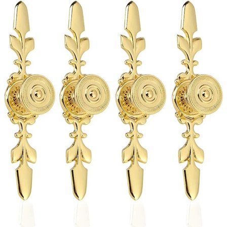 En uppsättning av 4 vintage-stil handtagsdörrhandtag (guld) för hemmet möbler, lådor, garderober, skåp, svarta skåpskiva med skruvar