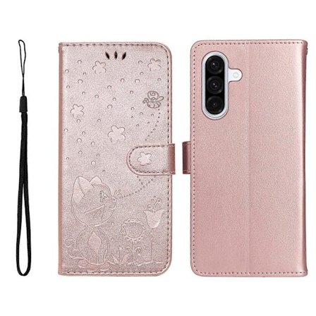 Kompatibel for Samsung Galaxy A56 5G Lommeboketui i Lær med Katt- og Biemønster Telefondeksel Stativ