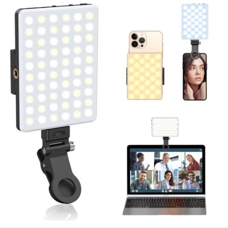 Selfie Lampe, Bærbar Udfyldningslys, 60 LED'er, 3 Lystilstande, Videolampe, Studielampe, Bærbar Clip Lampe, Egnet til Computere, Telefoner, Sort