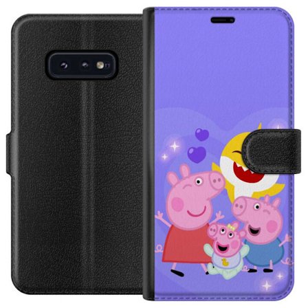Kompatibelt Lommeboketui til Samsung Galaxy S10e Peppa Gris mønster med hjerter, sommerfugler og venner, lys rosa bakgrunn i myke barneillustrasjoner