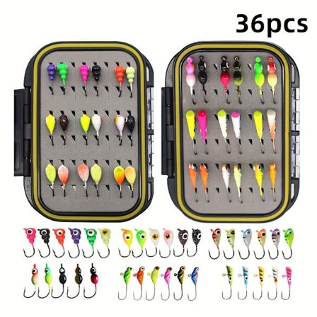 36 stk. isfiskesluksett – Assorterte mikro jig-hoder med karbonstålkroker | Sett med fiskeskrinet for bassfiske