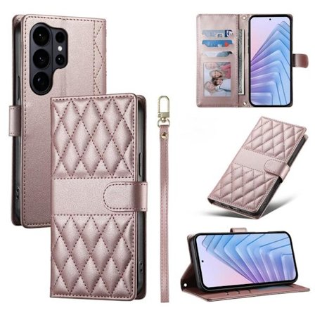 Samsung Galaxy S26 Ultra Plånboksfodral Konstläder Rhombus - Roséguld