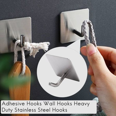 Veggkroker i rustfritt stål med sterkt lim for håndklær, verktøy, bad, hjem, kjøkken, kontor - 6-pakning