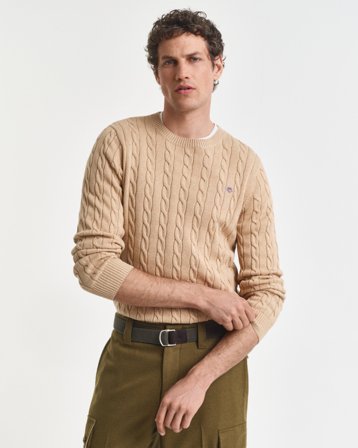 GANT Herren Zopfstrick Rundhalspullover aus Baumwolle (M) Braun Beige
