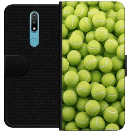 Yhteensopiva Lompakkokotelo Nokia Nokia 2.4 Vihreiden tennispallojen kuvio korkealla tarkkuudella, urheilullinen motiivi toistettavalla tekstuurilla j