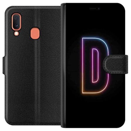 Kompatibel Tegnebogsetui til Samsung Samsung Galaxy A20e Minimalistisk neonbogstav D i farveskiftende lys mod sort baggrund i moderne digital design