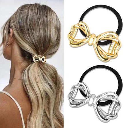 Hårsløjfer til kvinder, 2 stk. guld- og sølvfarvede metal hestehaleholdere - søde elastiske sløjfehårbånd, elegante hårtilbehør til