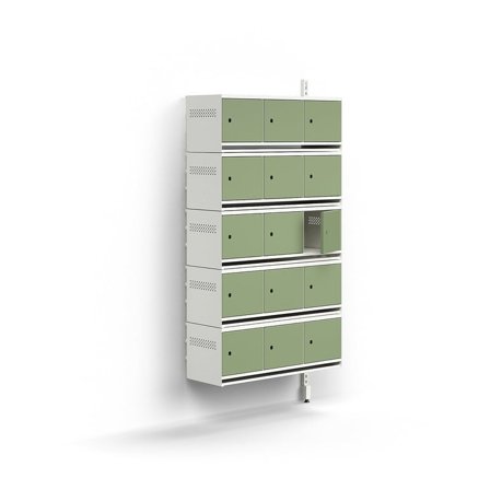 Skoskap, påbyggingsseksjon, vegghengt, 15 metalldører, H1800 B900 D300 mm, hvit/grønn