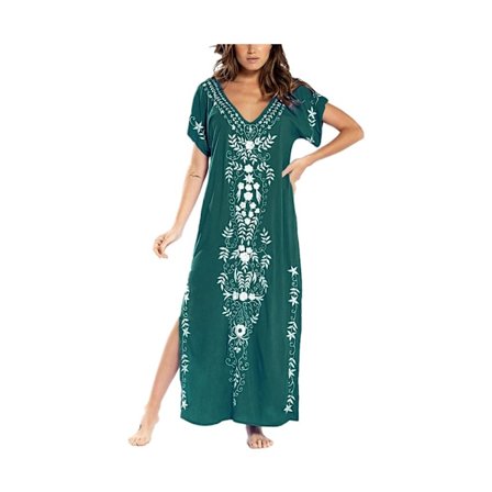 Kvinners broderte bikini-badedrakt med korte ermer, strandkjole med sidesplit