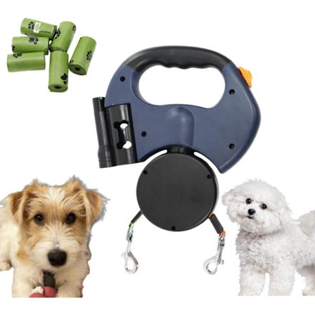 Hundesnor, 3 Meter Hundesnor, Leveres med Seks Hundeposer, Reflekterende Rulleline til Hunde, Kan Lufte To Hunde Samtidig, Blå