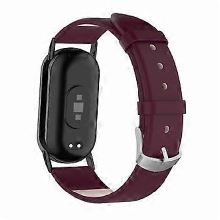 Kompatibelt för Xiaomi Smart Band 8 Äkta Läder Klockarmband Ersättningsarmband med Anslutning (Vinröd)