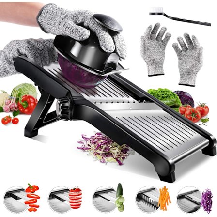 Professionel mandolinjern i rustfrit stål med skarp klinge, inkluderer 1 sikkerhedshandske og 1 rengøringsbørste