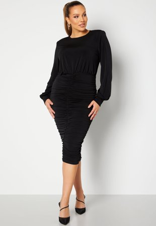 John Zack Curve - Long Sleeve Rouched Midi Dress - Black