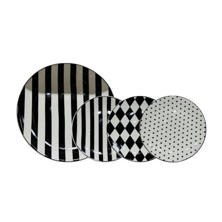 Jälkiruokalautanensetti, 7 osaa, uutta luuposliinia, valkoinen/musta