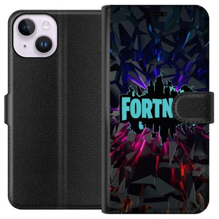 Kompatibel Tegnebogsetui til Apple Apple iPhone 14 Fortnite logo - Sort baggrund med blå neon og farvede lys