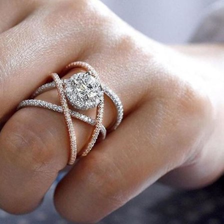 Roséguld Split Cross Diamond Ring - Europeisk och amerikansk kreativ kors inlagd zirkonring