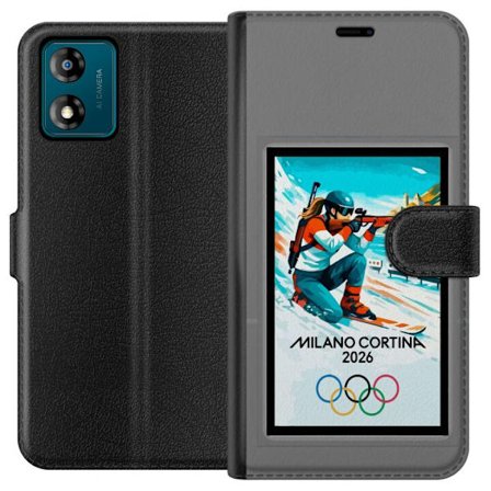 Kompatibelt Lommeboketui til Motorola Moto E13 Retroplakat Cortina Milano 2026 med fjell, vintersportsutøvere, italienske trikolor, Milano-katedralen