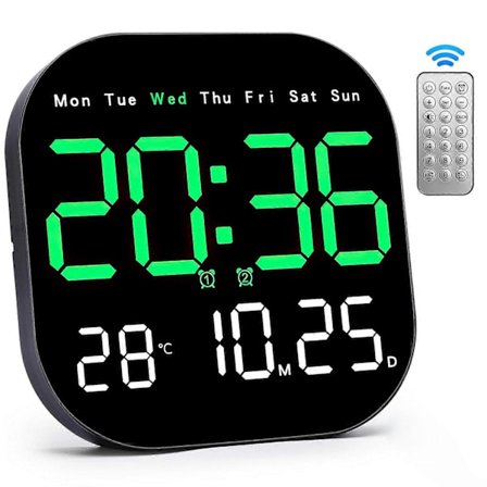 Digitalt ur med fjernbetjening, temperatur, timing, nedtælling, dato og alarmfunktioner