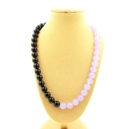 Stenar och mineraler. Lavendel Kalcedon + Svart Agat 8 mm pärlhalsband. Stålkedja Halsband för kvinnor, män. Personlig storlek