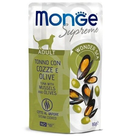 Monge Supreme Pezzetti di Tonno con Cozze Olive Cibo Umido Gatti