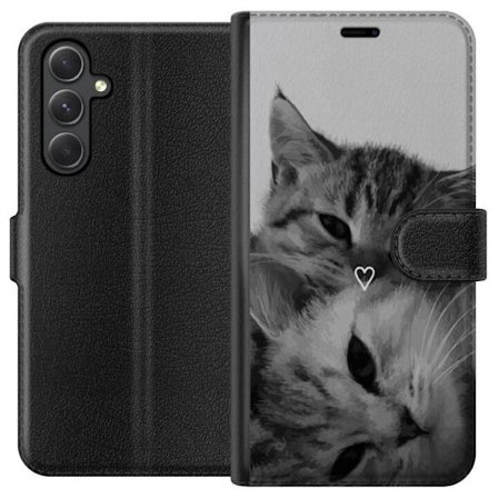 Kompatibel Tegnebogsetui til Samsung Galaxy A25 Svart-hvid kattebillede med to katte og hjertesymbol, romantisk og hyggeligt dyretema.
