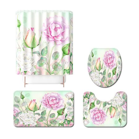 Pieni sarja tuoreiden kukkien painatuksella varustettuja ruusu-wc-lattiamattoja, neljän osan polyesteri-suihkuverho, A3