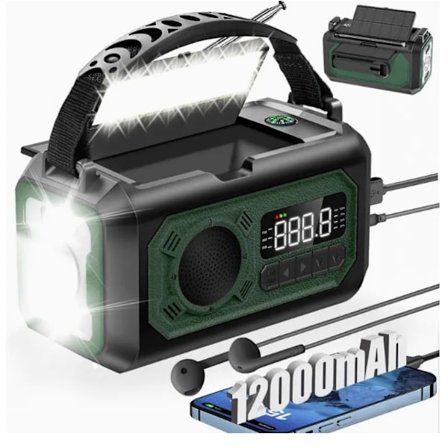 12000mAh Håndsvinget Nødradio, AM/FM/NOAA, Multifunktionel Solcelledrevet Radio, 2 Solpaneler, USB-Opladning, Lommelygte & LED-Læselampe, SOS-Alarm