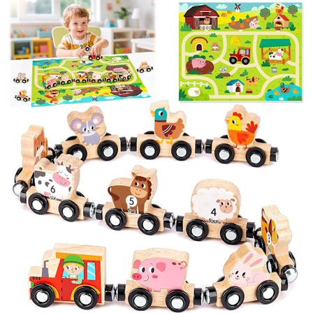 Magnetisk Togbane i Træ til Småbørn, Pædagogisk Legetøjsgave, Børns Bondegårdsdyr Bane-måtte Sæt