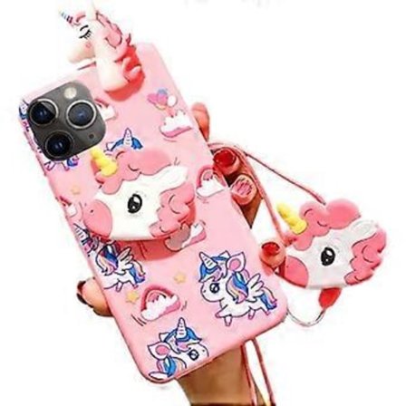 Enhörningsfodral för iPhone 12 Pro Max 6.7 med Snöre, 3D Cartoon Design Söt Elastiskt Stativ Skyddande Fodral, iPhone 12 Pro Max Fodral Kawaii Mode