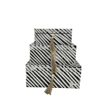 Opbevaringskassesæt, 3 stk., 38x25x17 cm, Træ, Sort/Hvid
