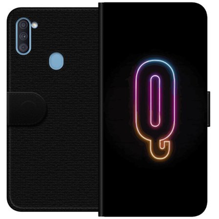 Kompatibel Tegnebogsetui til Samsung Samsung Galaxy A11 Minimalistisk neonbogstav Q i lyse farver mod mørk baggrund