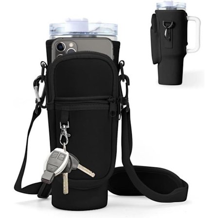 Vannflaskeveske for Stanley Cup 40oz - Stanley Cup med stropp og telefonlomme (Svart)