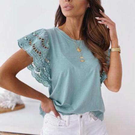 Kvinnor Casual Solid Lace Hollow Out Flare Kortärmad O-neck Till