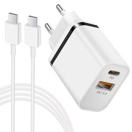 Lader - Samsung - 2 USB-C og USB-A porte - USB-C kabel 1M - Hurtig oplader - Hvid