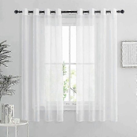 Hvide, gennemsigtige gardiner - Sæt med 2 korte gardiner 132 x 160 cm Boligindretning Soveværelse Køkken, Organza tyl med øjer, gennemsigtigt lyst 