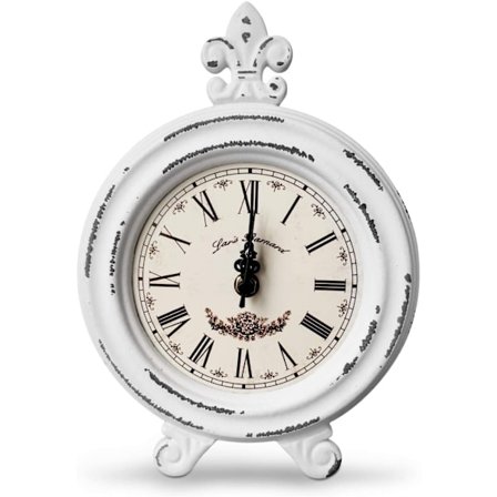 Vintage skrivebordsur | Bordklokke på stativ | Rustikk peisur for stueinnredning (hvit)