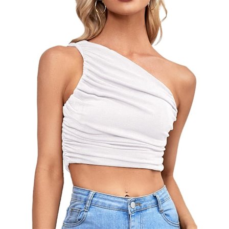 Naisten seksikäs rypytetty yksiolkaiminen hihaton crop top -toppi Camisole VALKOINEN L