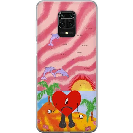 Kompatibelt Mobildeksel til Xiaomi Redmi Note 9S Bad Bunny i en fargerik quiltet jakke med hjertemønster og solbriller i moderne gatestil