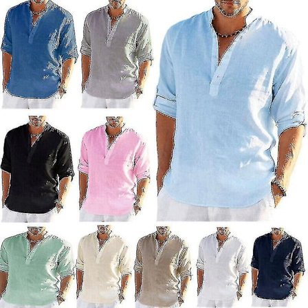 Herre lin langærmede skjorter Solid øs Casual Shirt Blus Top Bomull Sommer