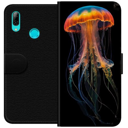 Huawei P smart 2019 Tegnebogsetui Farverig manet i neonlys på sort baggrund, detaljeret undervandsdesign med lysende tentakler, perfekt motiv for kun