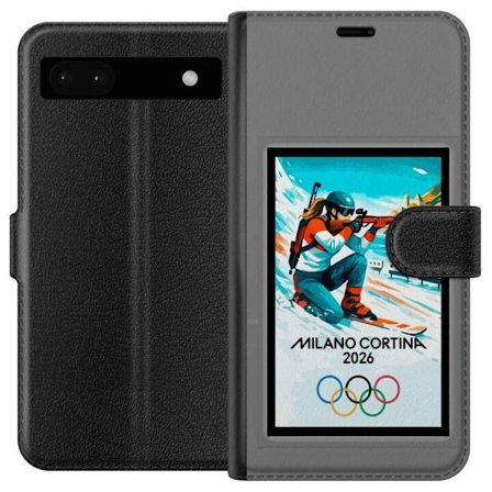 Yhteensopiva Lompakkokotelo Google Pixel 6a Retrojuliste Cortina Milano 2026 vuorilla, talviurheilijoilla, italiankoloreilla, Milanon tuomiokirkolla j