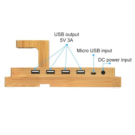 Laddstation för mobiltelefon i bambu med 6 portar