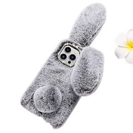Etui for iPhone 13Pro LAPOPNUT Søt Kaninøre Etui Luksuriøs Supermyk Varmt Fluffy Pels Kanin Støtsikker Bakside Silikon Etui Deksel med Stilig Sløyfe