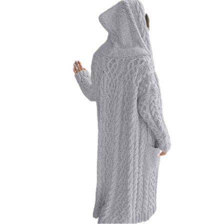 Uformell Strikket Lang Overdel med Hette og Sidelomme Dame Høst Vinterjakke