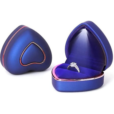 Hjerteforlovelsesringboks LED Ringboks Smykkeboks Bryllupsringboks Frieri Blå