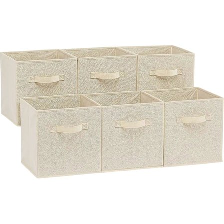 Foldbar Opbevaringsboks/Organiser i stof med håndtag, 6-pak, Solid Beige, 26,6 x 26,6 x 27,9 cm
