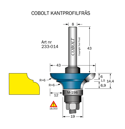 Cobolt 233-014 Profilfræser D=43 L=14,4 R=6, Maskintilbehør & forbrugsvarer