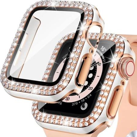 Bling Glass+ cover för Apple Watch Case 45mm 41mm 40mm 44mm 42mm 38mm Diamant stötfångare+skärmskydd iwatch series 7 9 8 5 6 SE B white rose 41mm 