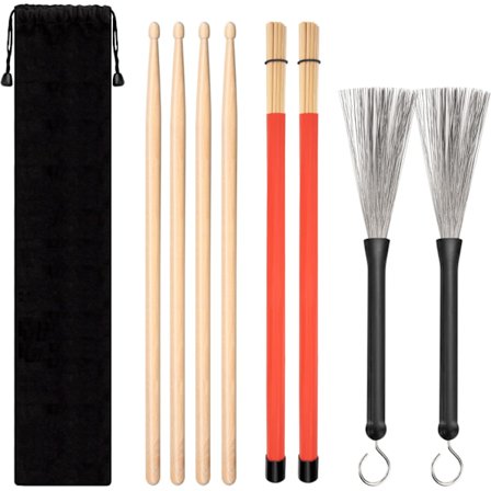 Classic Drum Set, 4 Pairs of Maple Drumsticks, Wire Brush and Rod Drumsticks with Storage Bag